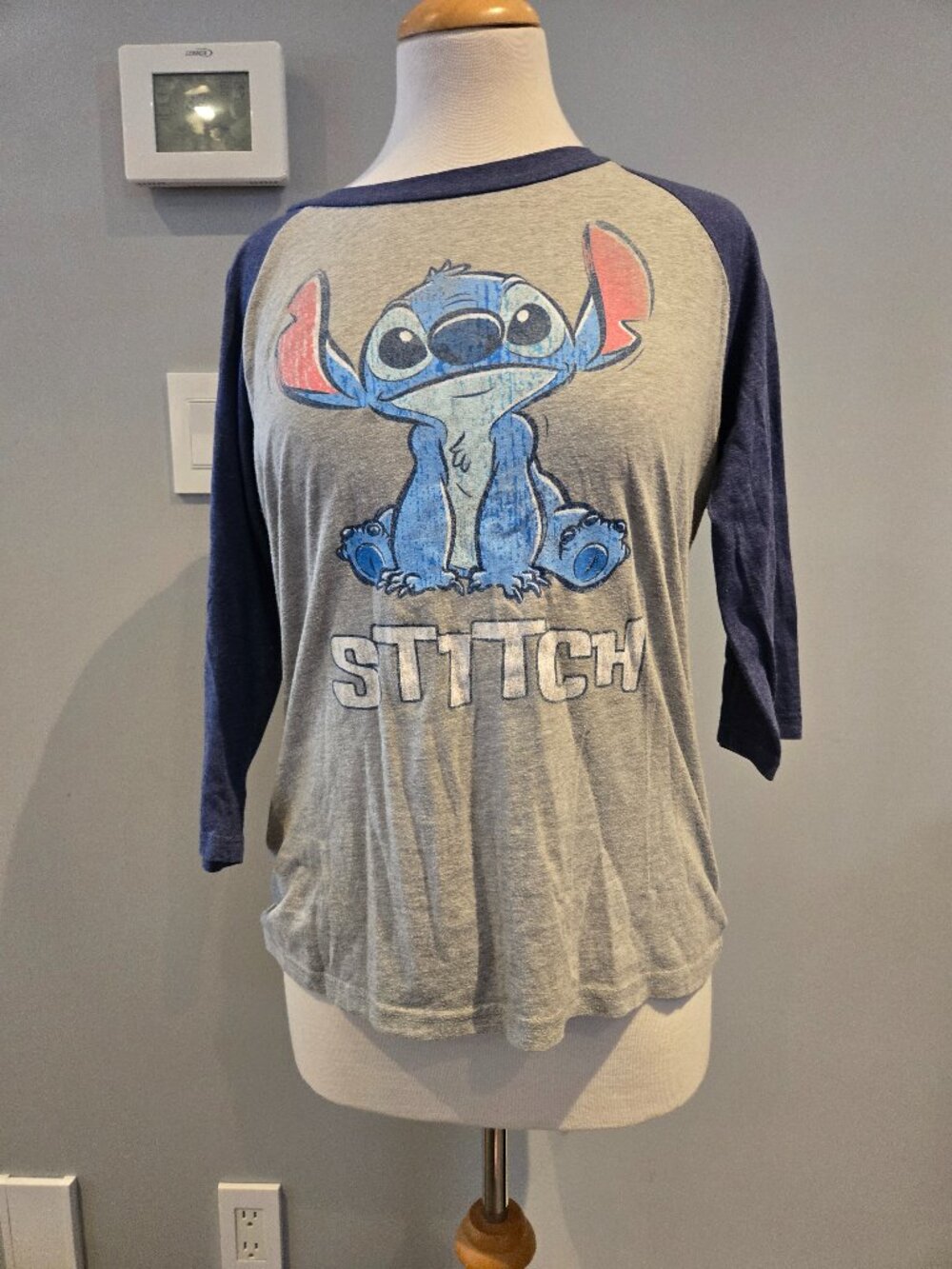 Disney Lilo & Stitch Raglan Baseball Tee | Size Large | Gray & Blue